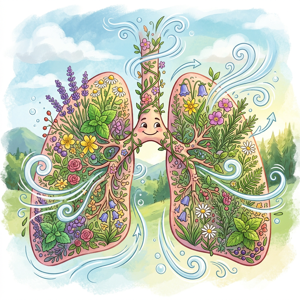 Illustration of lungs filled with various blooming flowers and swirling fresh air