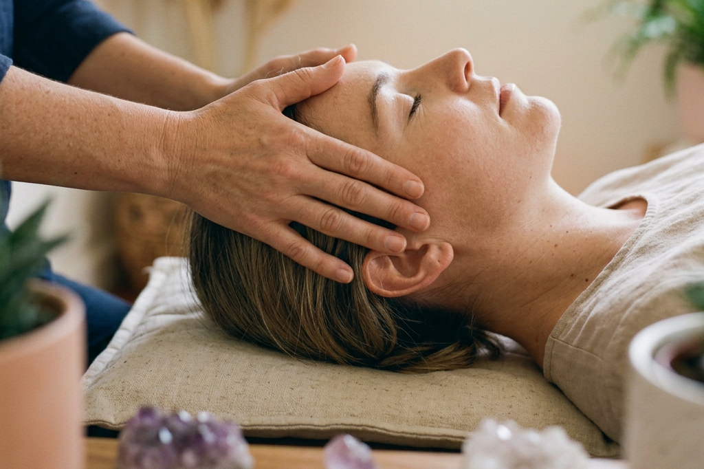 Woman gently placing her hands on another woman’s head during a wellness session